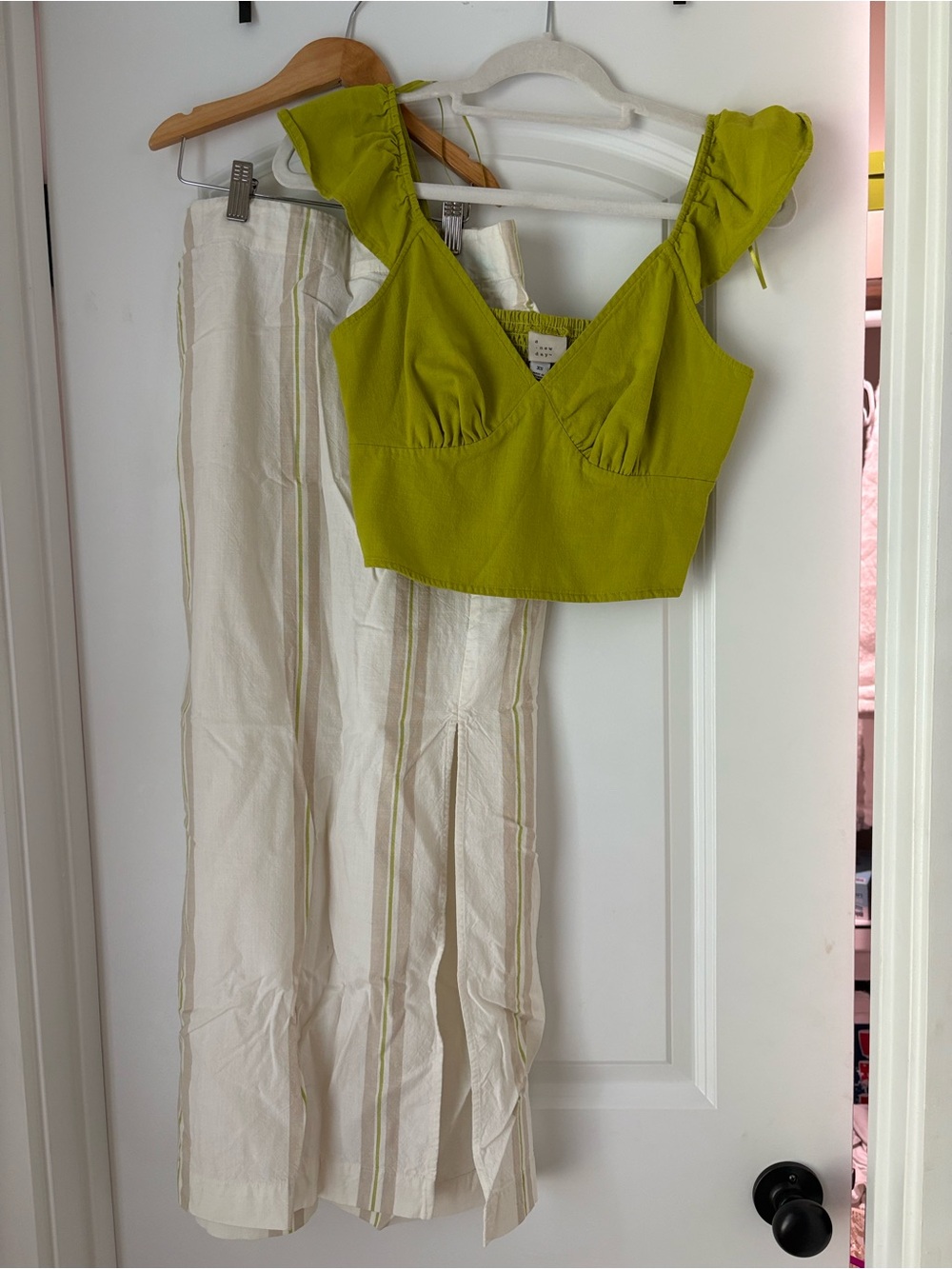 A New Day Set- Women's Lime Green Cropped Ruffle-Strap Top & Midi Skirt